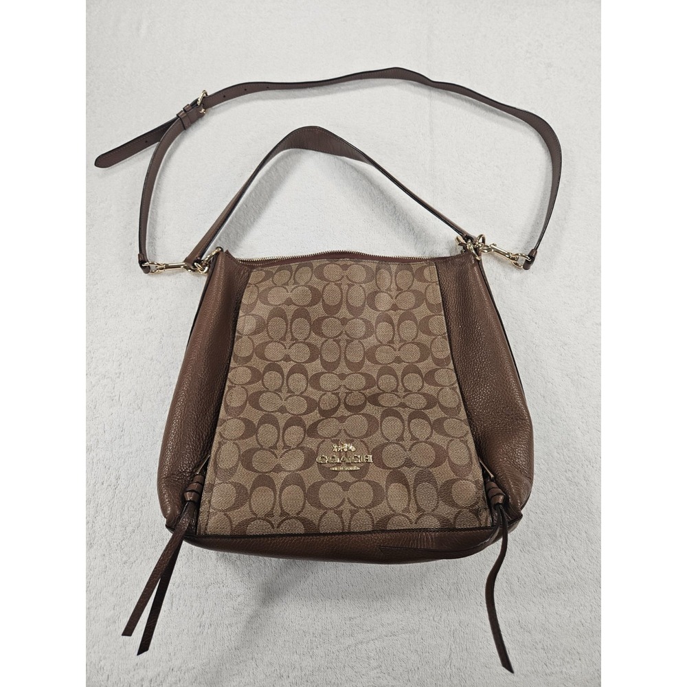 Coach Marlon Hobo Brown Signature Canvas Pebbled Leather Bag
